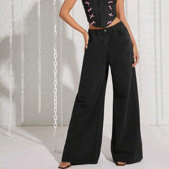 Women Casual Versatile Solid Color Wide Leg Jeans - Picture 4 of 5